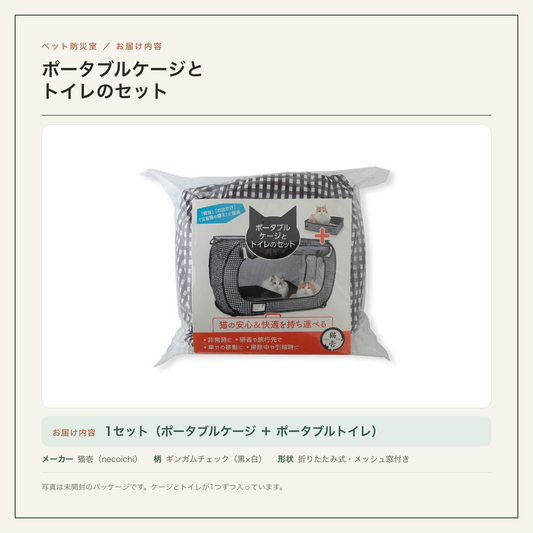 ポータブルケージとトイレのセットの商品カード。未開封パッケージの写真に、お届け内容がケージとトイレ1つずつであることを併記。